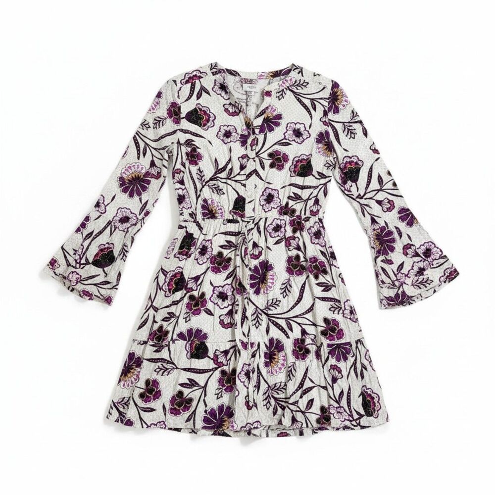 LOFT Floral Tunic dress Women’s size SP White Purple Print 3/4 Bell Sleeve